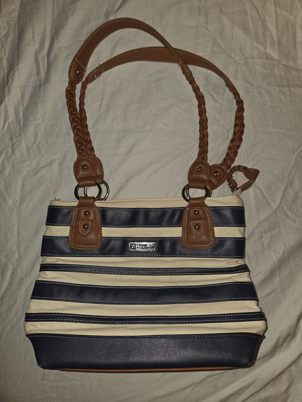 Stone & Co. Navy and Cream Striped Shoulder Bag with Brown Braided Handles